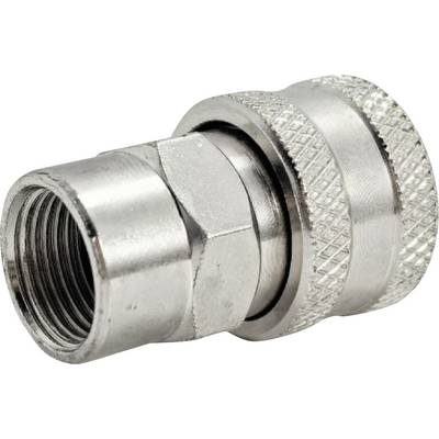Ein metallischer Schnellkupplung mit Gewinde-Enden, die zum Verbinden von Schläuchen in Fluid- oder Luftsystemen verwendet wird, gezeigt vor weißem Hintergrund.
