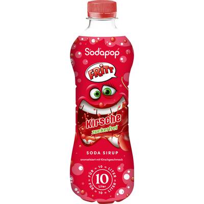 Eine rote Flasche 'Sodapop Fritt' Kirsch-Getränkesirup ohne Zucker, gekennzeichnet zur Herstellung von bis zu 10 Litern Getränk.