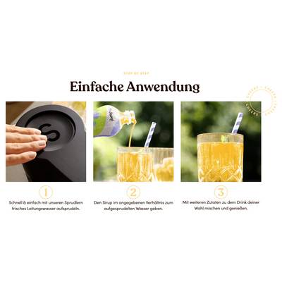 Bild zeigt drei Schritte zur Zubereitung eines Sprudelgetränks: Wasser aufsprudeln, Sirup hinzufügen und Zutaten mischen und genießen.<br><br>(Note: This text is already in German, so no translation is required.)