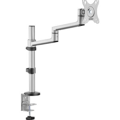 Ein silberner verstellbarer Monitorarm mit VESA-Halterung, entwickelt zur Befestigung an einem Schreibtisch und ermöglicht Höhen- und Neigungsverstellungen für ergonomische Bildschirmpositionierung.