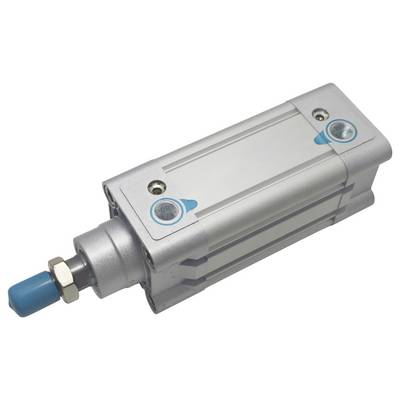 Pneumatischer Zylinder mit silbernem Gehäuse und blauer Endkappe, mit der Bezeichnung "Port". Wird in Maschinen zur Steuerung von Linearbewegungen verwendet.