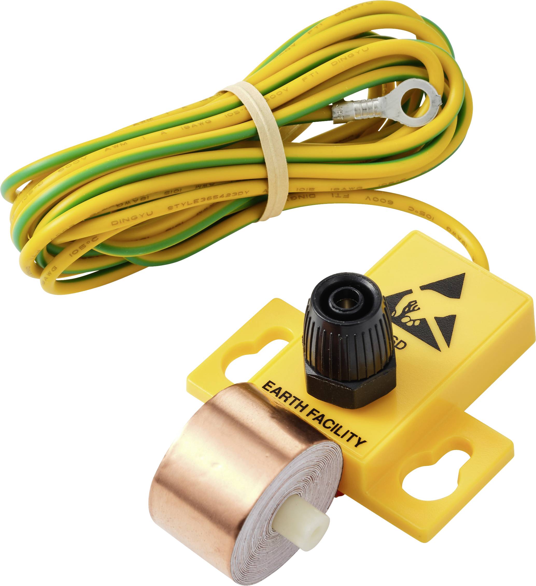 Ein gelbes Erdungsgerät mit einer Kupferrolle und einem aufgerollten grün-gelben Kabel. Das Gerät ist mit „Erdungsanlage" gekennzeichnet und weist Warnsymbole auf.