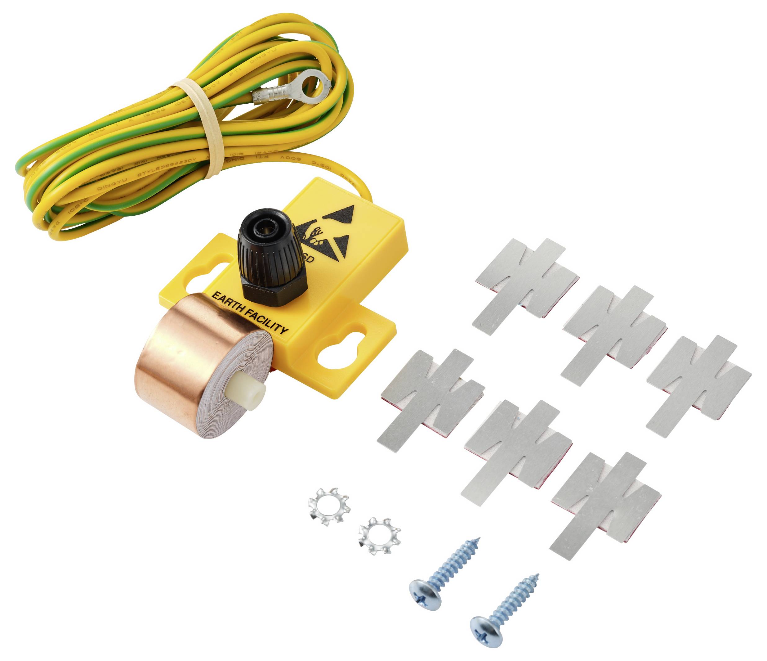 ‚Erdungsanlage'-Kit mit einer gelben Halterung, einer Kupferspule, einem grün/gelben Kabel und Befestigungszubehör. Wird zur Erdung von elektrischen Systemen verwendet.