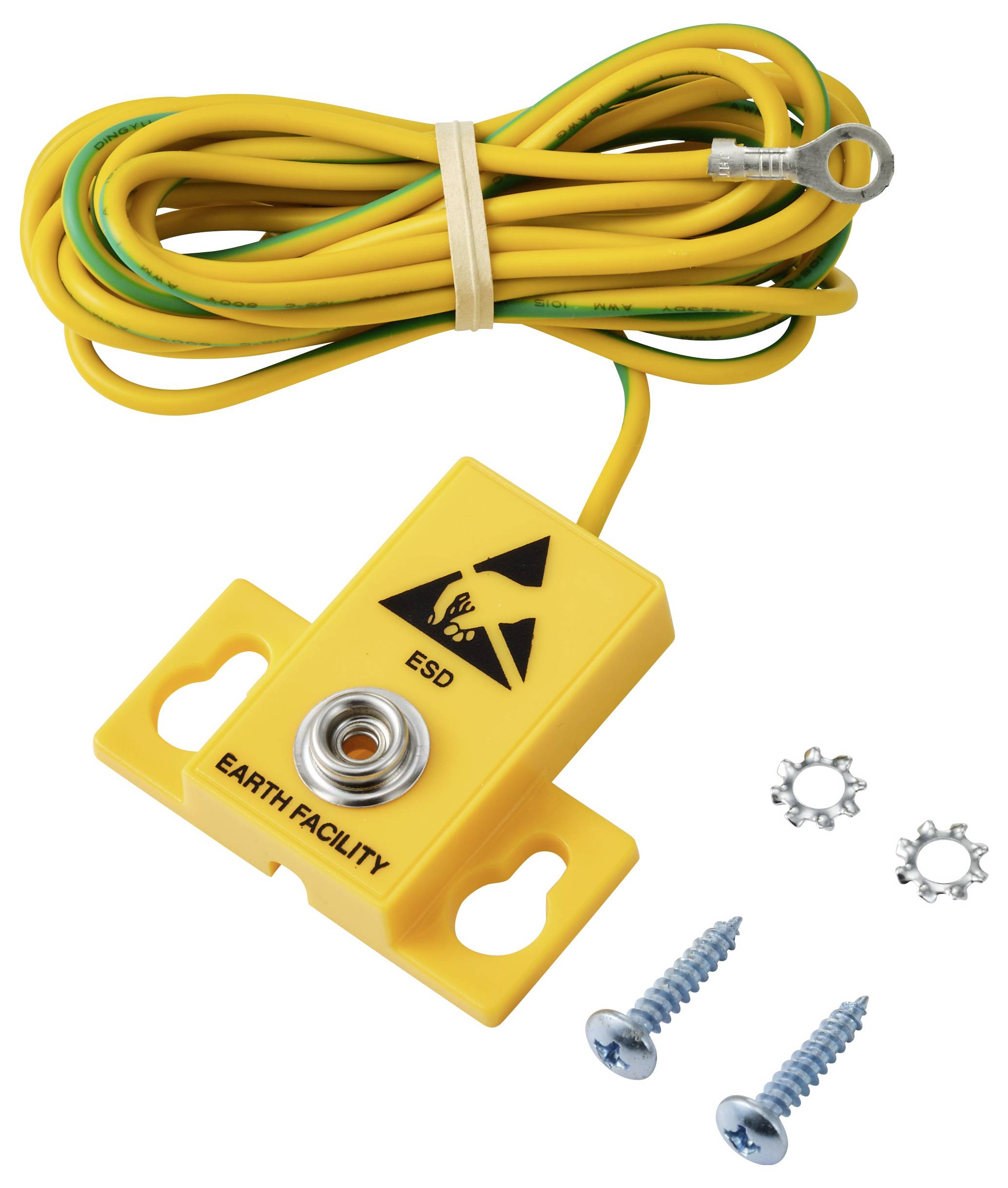 Gelber ESD-Erdungspunkt mit angebrachtem Kabel, mit der Bezeichnung "Earth Facility". Umfasst zwei Schrauben und Unterlegscheiben für die Installation.