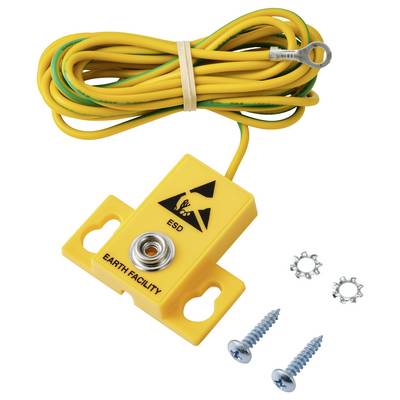 Gelber ESD-Erdungspunkt mit angebrachtem Kabel, mit der Bezeichnung "Earth Facility". Umfasst zwei Schrauben und Unterlegscheiben für die Installation.