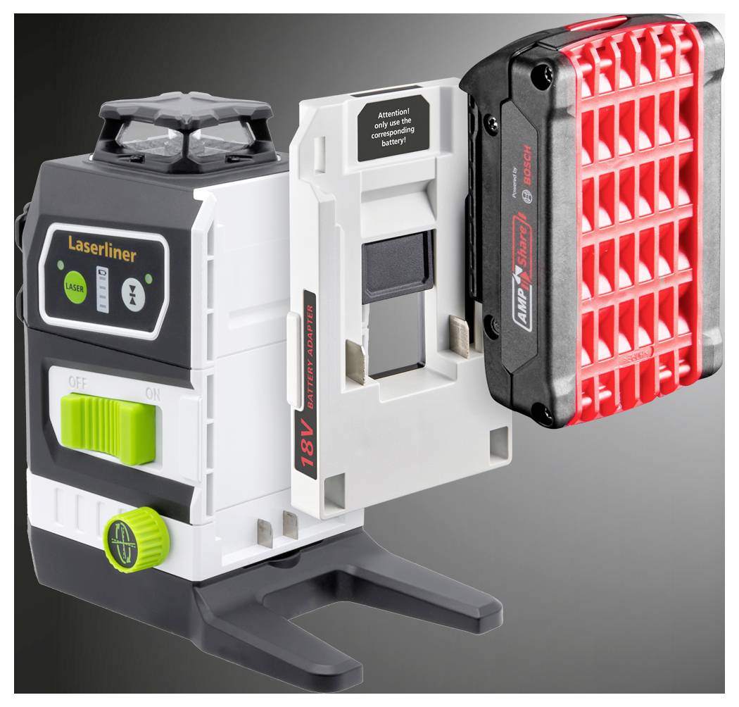 Ein Lasermessgerät mit einem abnehmbaren rot-schwarzen Akku vor einem grauen Hintergrund. Das Gerät verfügt über ein digitales Display und Markenbeschriftung.