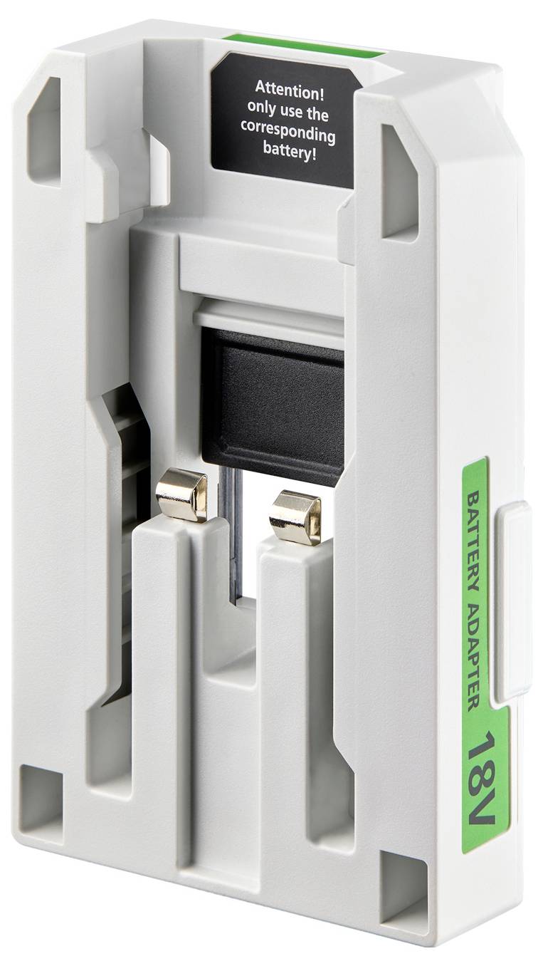 Akkuadapter für 18V-Geräte, weiße Gehäuse, mit Warnhinweis "Achtung! Nur den passenden Akku verwenden" auf der Oberseite.
