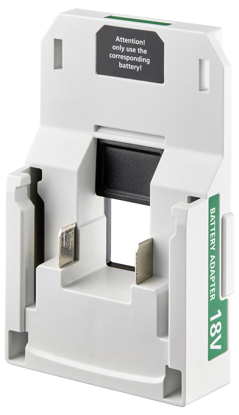 Akkuadapter 18V mit Anschlüssen für Batterieverbindung. Eine Beschriftung lautet: „Achtung! Nur den entsprechenden Akku verwenden".