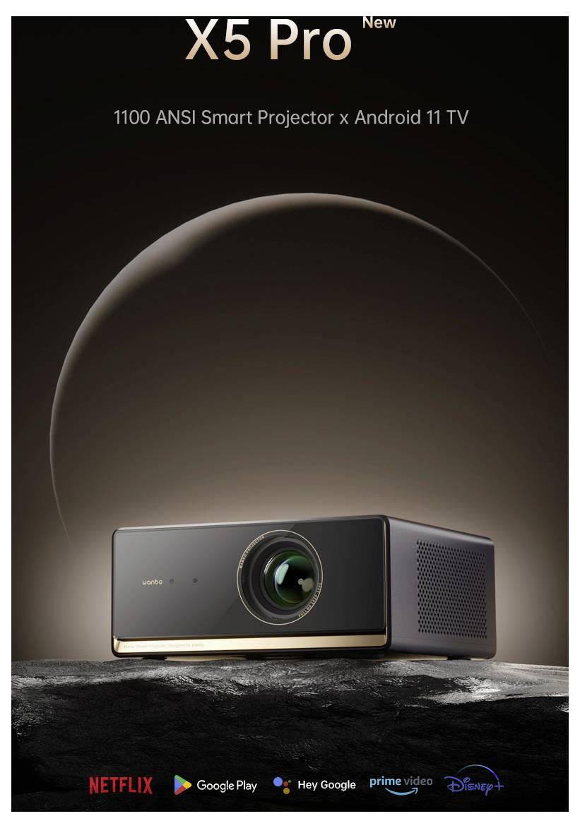 Intelligenter „X5 Pro New"-Projektor mit Android 11 TV, 1100 ANSI-Lumen. Marken sind Netflix, Google Play, Amazon Prime Video, Disney.