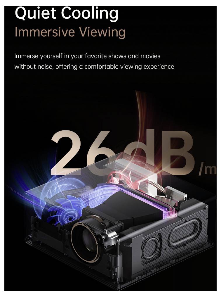 Diagramm, das den Luftstrom eines Projektors zeigt, mit dem Text „Leises Kühlen, immersives Viewing"; hebt ein Geräuschpegel von 26dB für komfortable Nutzung hervor.