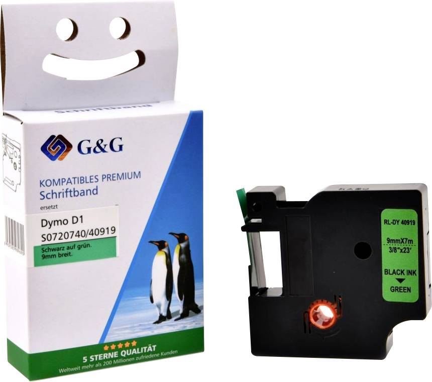 Kompatibel mit Dymo D1/ 40919/ S0720740 Schriftband (9mm x 7m) Schwarz auf Grün - Marke: G&G