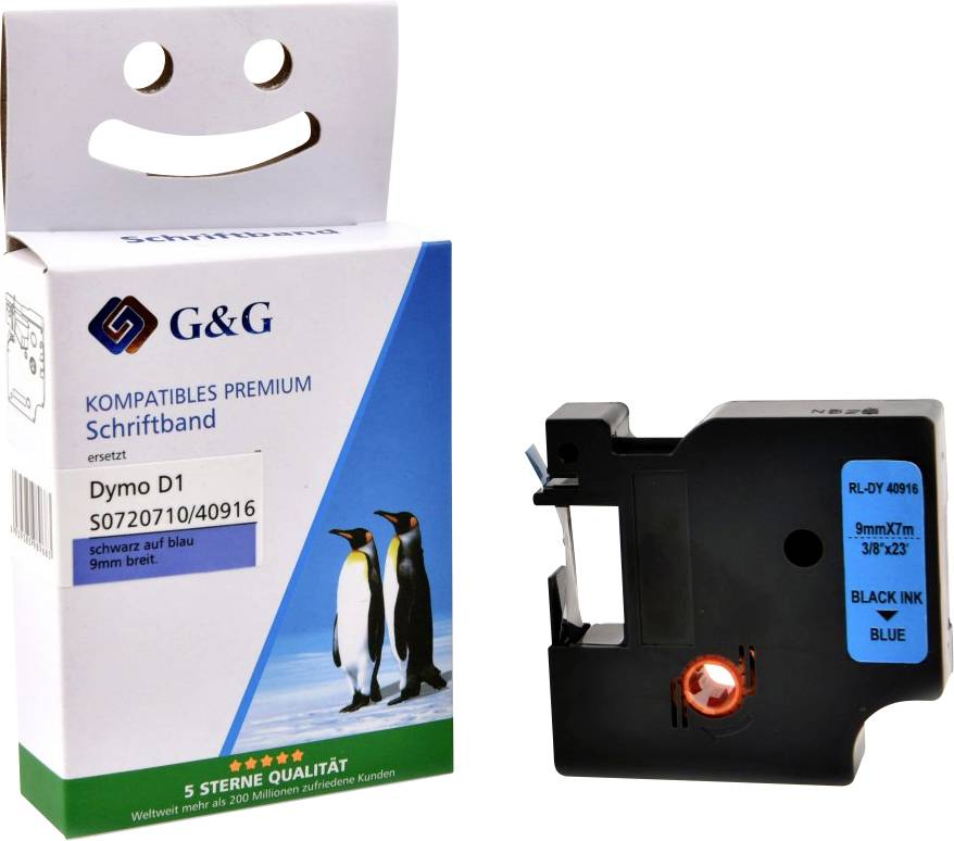 Kompatibel mit Dymo D1/ 40916/ S0720710 Schriftband (9mm x 7m) Schwarz auf Blau - Marke: G&G