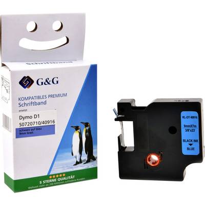 Kompatibles Premium-Etikettenband für Dymo D1-Drucker mit Pinguin-Design. Das Band ist schwarz/blau, Größe 9mm x 7m.