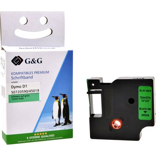 Kompatibel mit Dymo D1/ 45019/ S0720590 Schriftband (12mm x 7m) Schwarz auf Grün - Marke: G&G