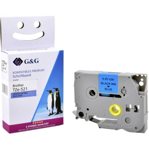 Kompatibel mit Brother TZe-521 Schriftband (9mm x 8m, laminiert) Schwarz auf blau - Marke: G&G