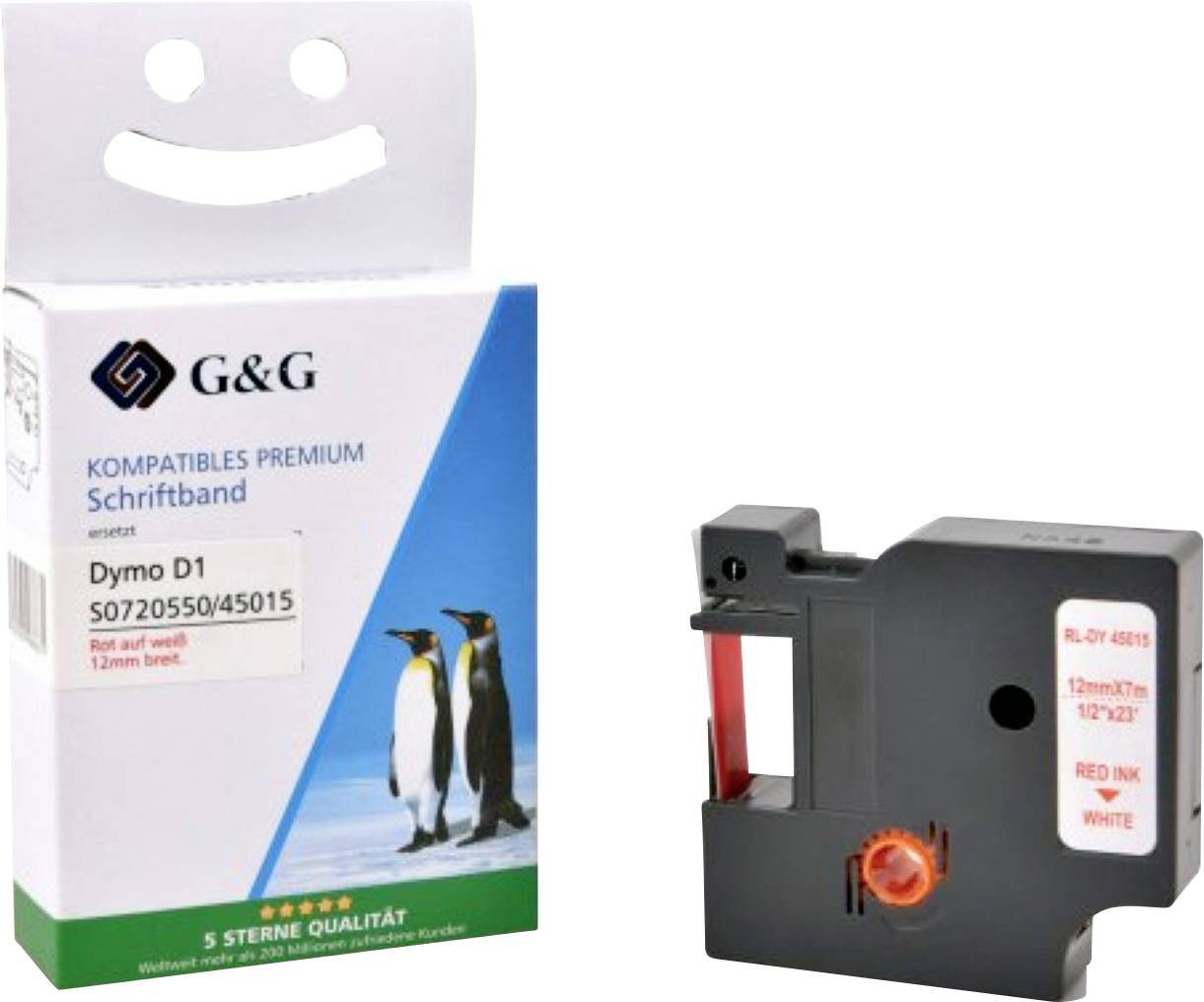 Kompatibel mit Dymo D1/ 45015/ S0720550 Schriftband (12mm x 7m) Rot auf Weiß - Marke: G&G