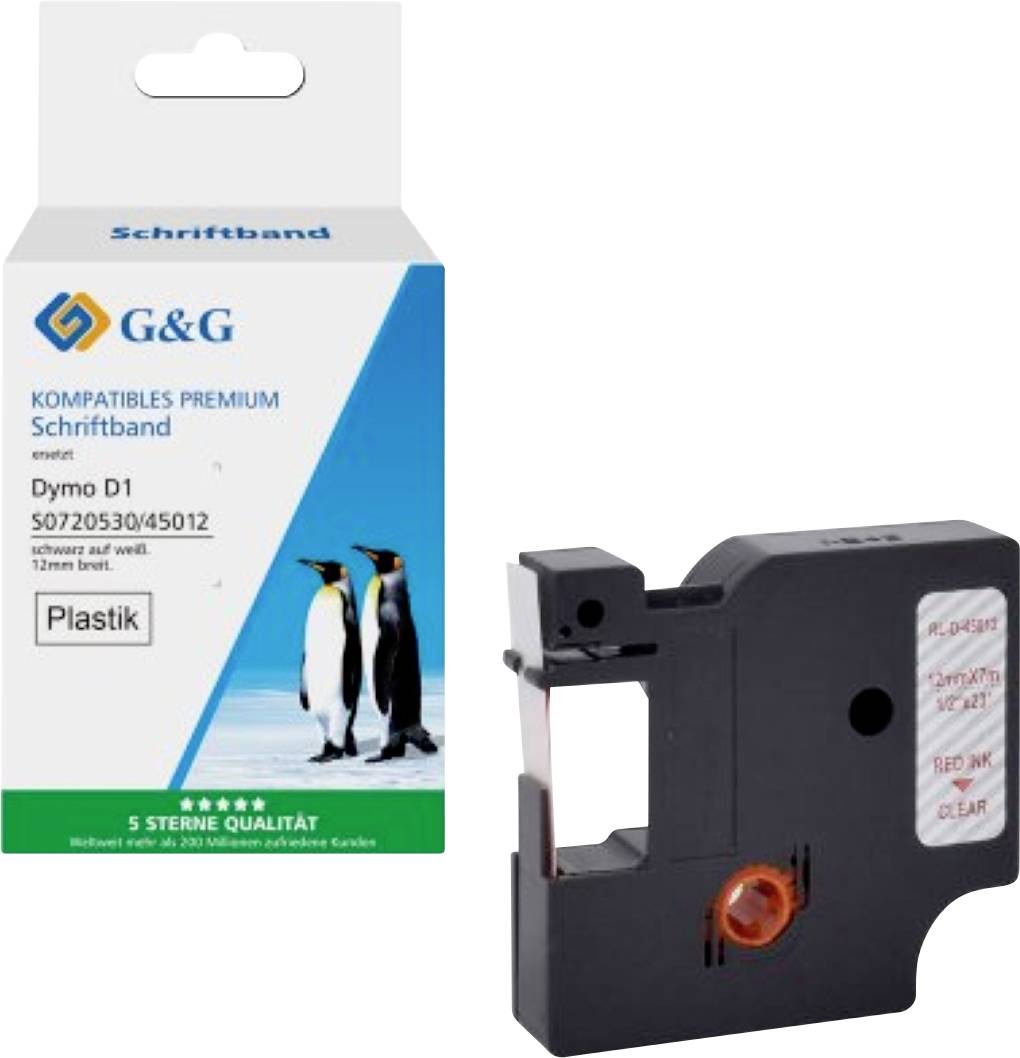 Kompatibel mit Dymo D1/ 45012/ S0720520 Schriftband (12mm x 7m) Rot auf Transparent - Marke: G&G