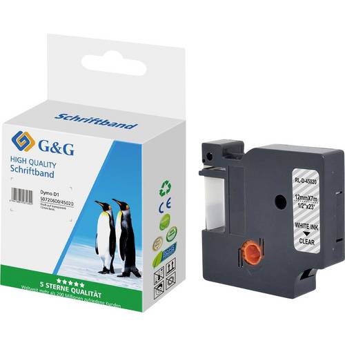 Kompatibel mit Dymo D1/ 45020/ S0720600 Schriftband (12mm x 7m) Weiß auf transparent - Marke: G&G