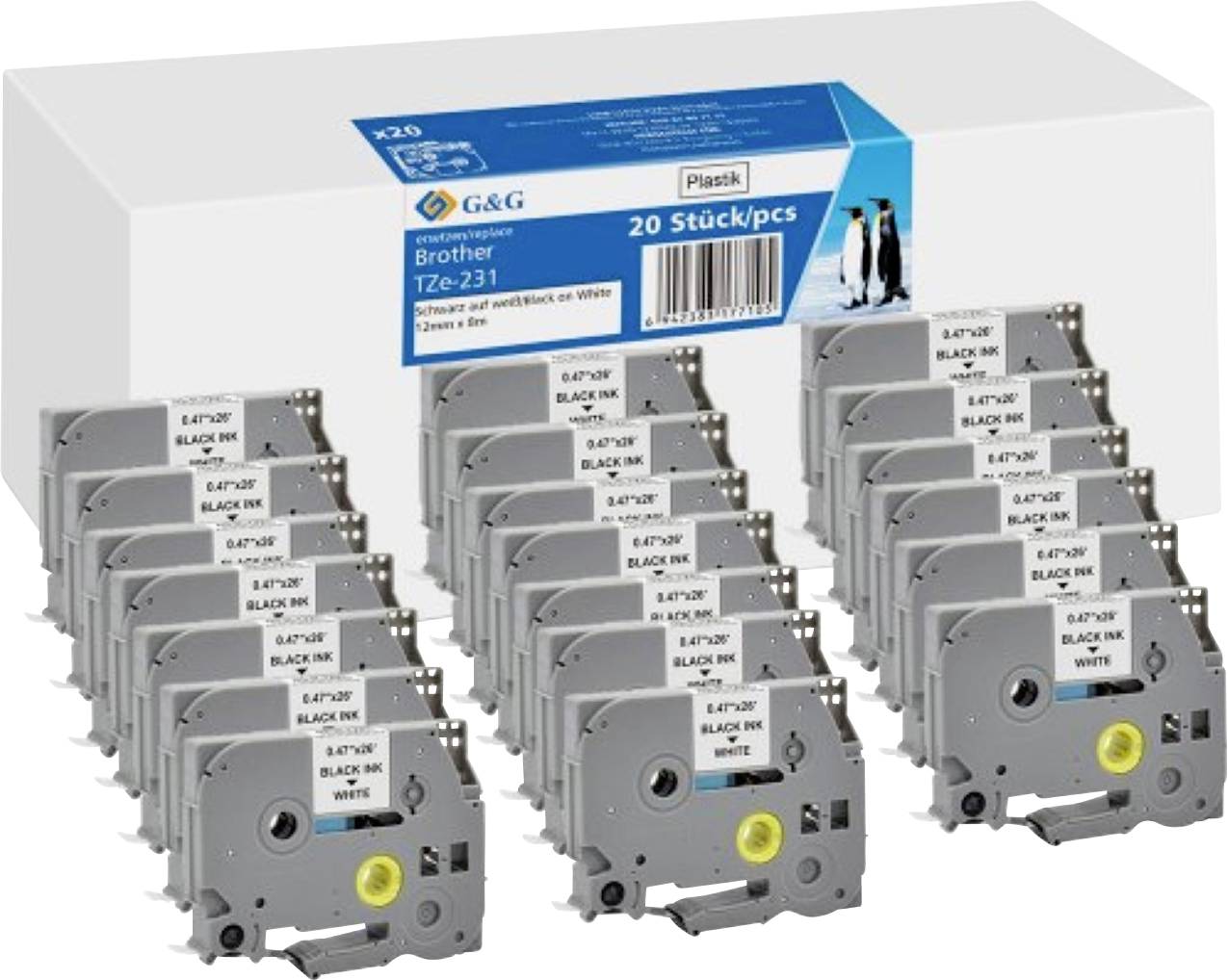 Kompatibel mit Brother TZe-231 Schriftbänder 20 Stück (12mm x 8m, laminiert) Schwarz auf Weiß - Marke: G&G