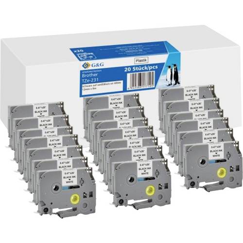 Kompatibel mit Brother TZe-231 Schriftbänder 20 Stück (12mm x 8m, laminiert) Schwarz auf Weiß - Marke: G&G