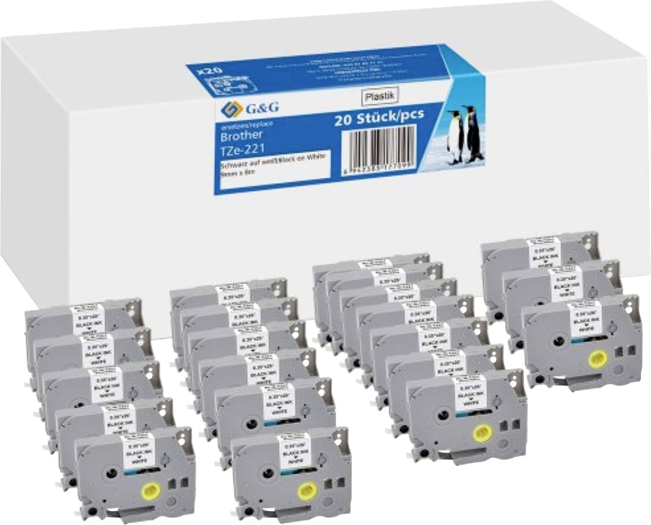 Kompatibel mit Brother TZe-221 Schriftbänder 20 Stück (9mm x 8m, laminiert) Schwarz auf Weiß - Marke: G&G