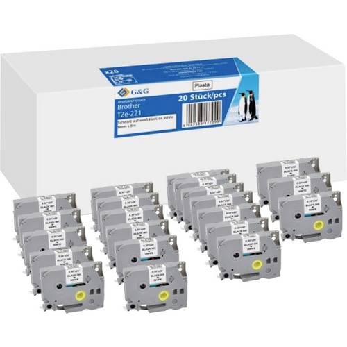 Kompatibel mit Brother TZe-221 Schriftbänder 20 Stück (9mm x 8m, laminiert) Schwarz auf Weiß - Marke: G&G