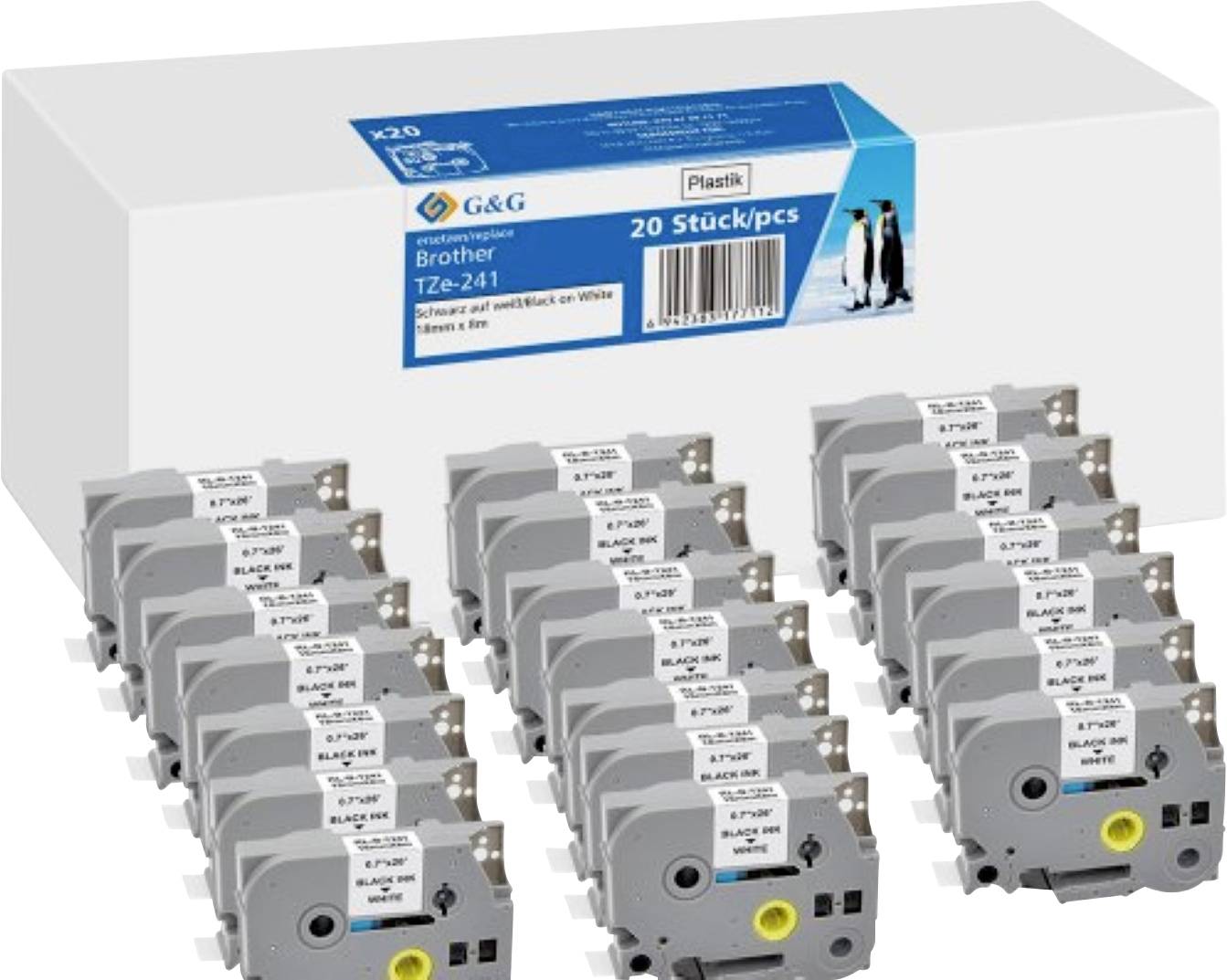 Kompatibel mit Brother TZe-241 Schriftbänder 20 Stück (18mm x 8m, laminiert) Schwarz auf Weiß - Marke: G&G