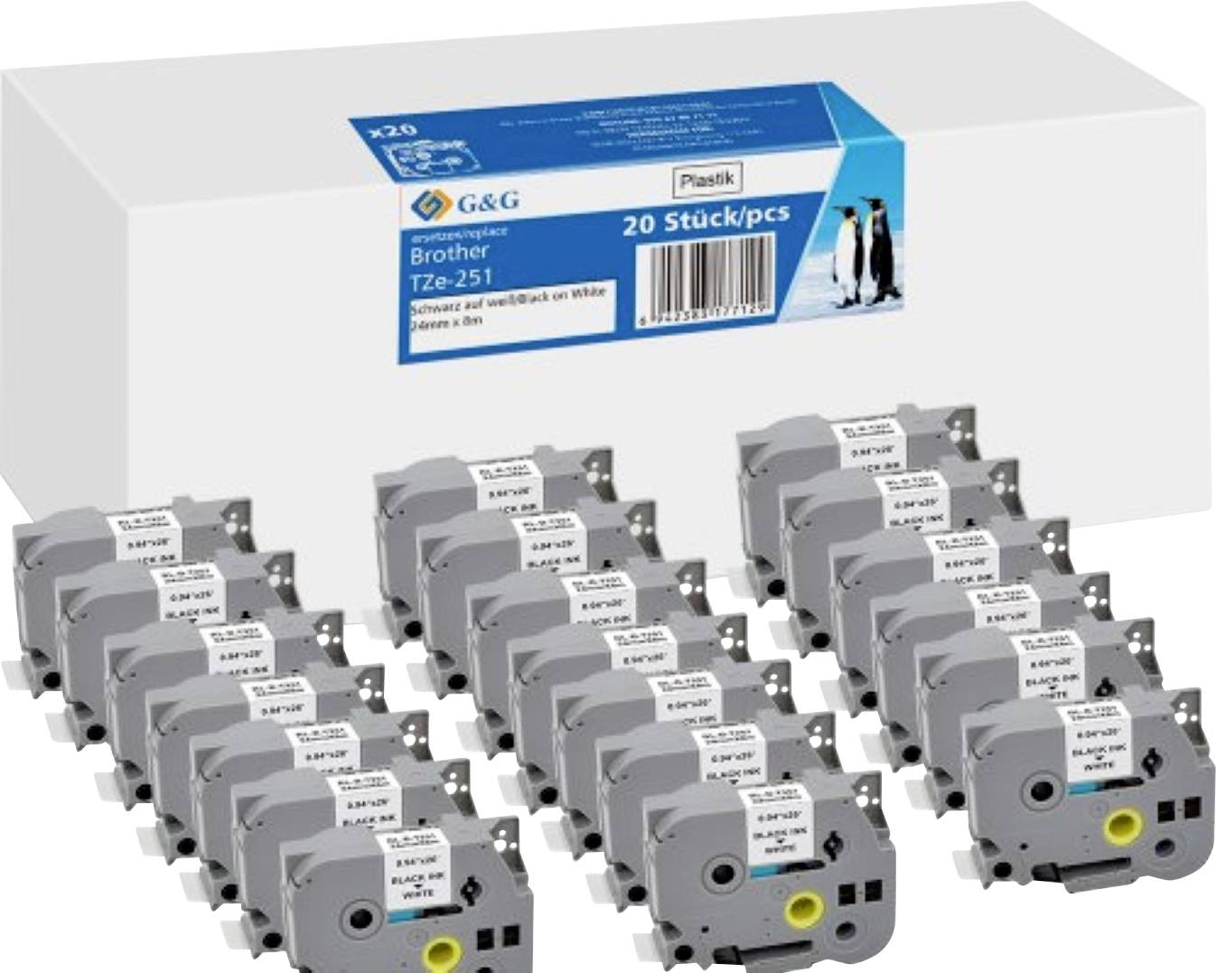 20 Kompatibel mit Brother TZe-251 Schriftbänder (24mm x 8m, laminiert) Schwarz auf weiß - Marke: G&G