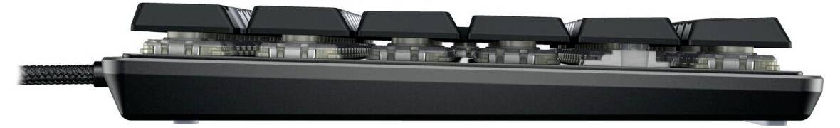 Seitenansicht einer mechanischen Tastatur mit freigelegten Schaltern und Tastenkappen, die das schlanke Profil und das taktile Design der Tastatur hervorhebt.