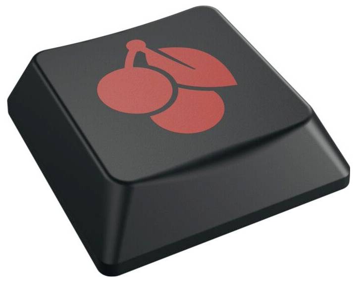 Schwarze Tastenkappe mit rotem Kirsch-Logo oben.