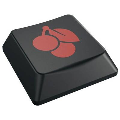 Schwarze Tastenkappe mit rotem Kirsch-Logo oben.