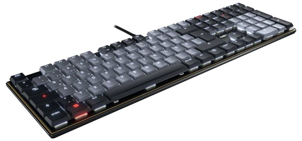 Eine mechanische Tastatur mit grauen Tasten und schwarzen Akzenten, mit beleuchteten Tasten und roten Highlights für bestimmte Funktionen.