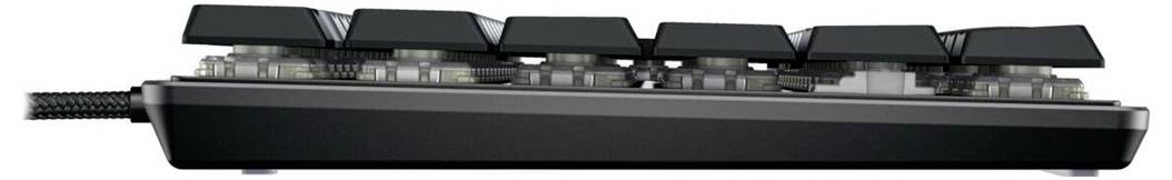 Seitenansicht einer mechanischen Tastatur, die ihre Tasten und Schalter zeigt und das schlanke Profil und die Tastenhöhe hervorhebt.