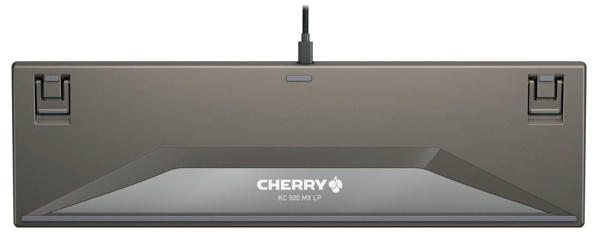 Rückansicht einer Cherry KC 6000 MX LP Tastatur mit Kabelverbindung und verstellbaren Füßen.