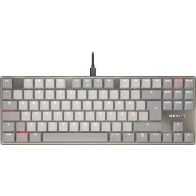 Deutsches Layout mechanische Tastatur mit grauen Tasten, Cherry-Markenlogo unten rechts. Kompaktes Design mit schwarzem USB-Kabel.