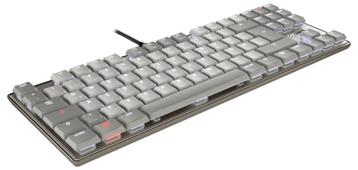 Eine mechanische Tastatur mit grauen Tasten, von denen einige rot beleuchtet sind. Sie hat ein kompaktes Layout mit einer Kabelverbindung von der Rückseite.