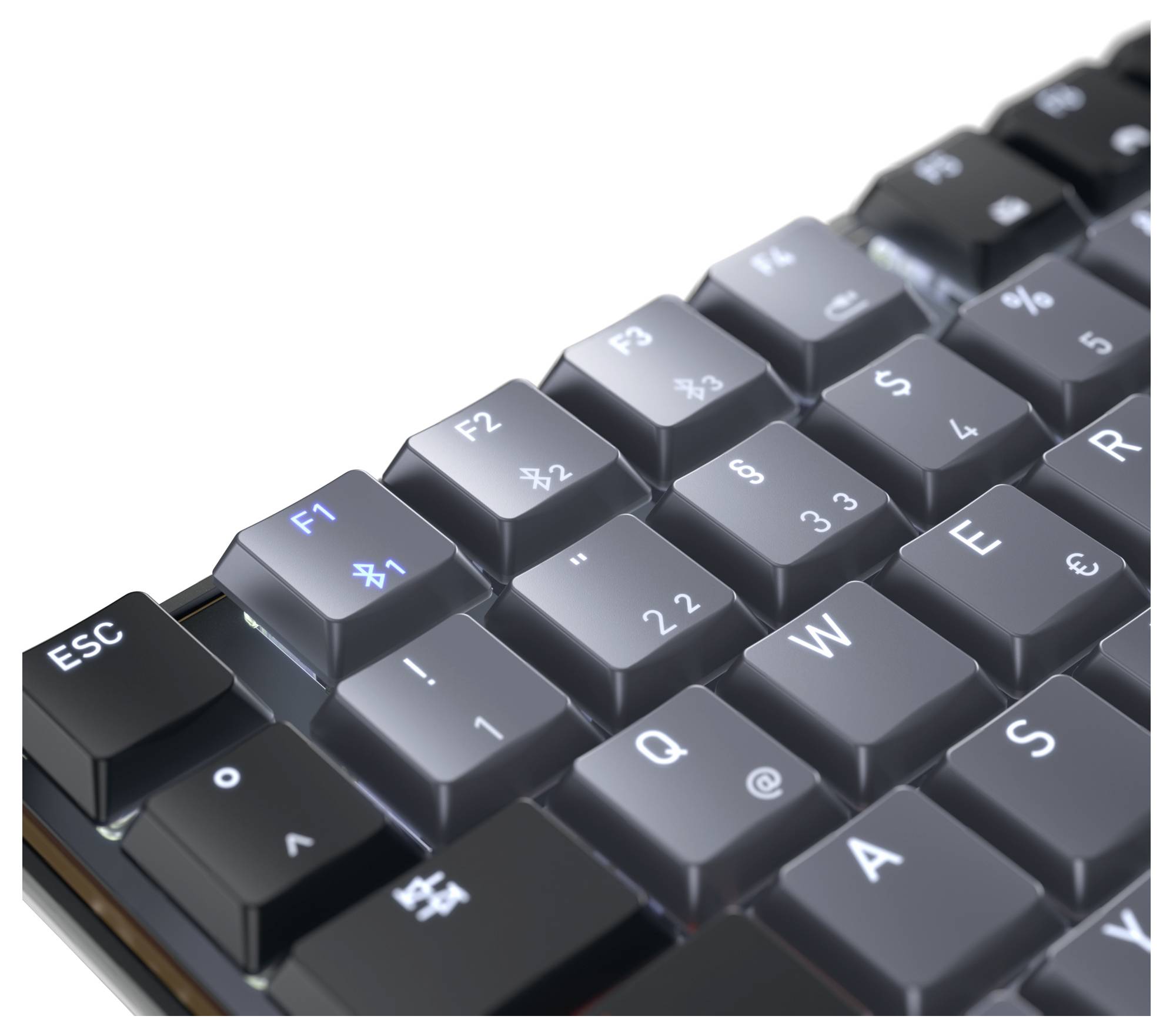 Eine Nahaufnahme einer schwarzen Computertastatur, die die Tasten „Esc", „F1", „F2" und „QWER" hervorhebt, wobei die F1-Taste beleuchtet ist.