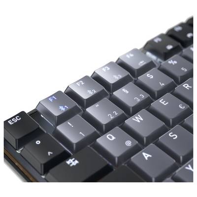 Eine Nahaufnahme einer schwarzen Computertastatur, die die Tasten „Esc", „F1", „F2" und „QWER" hervorhebt, wobei die F1-Taste beleuchtet ist.