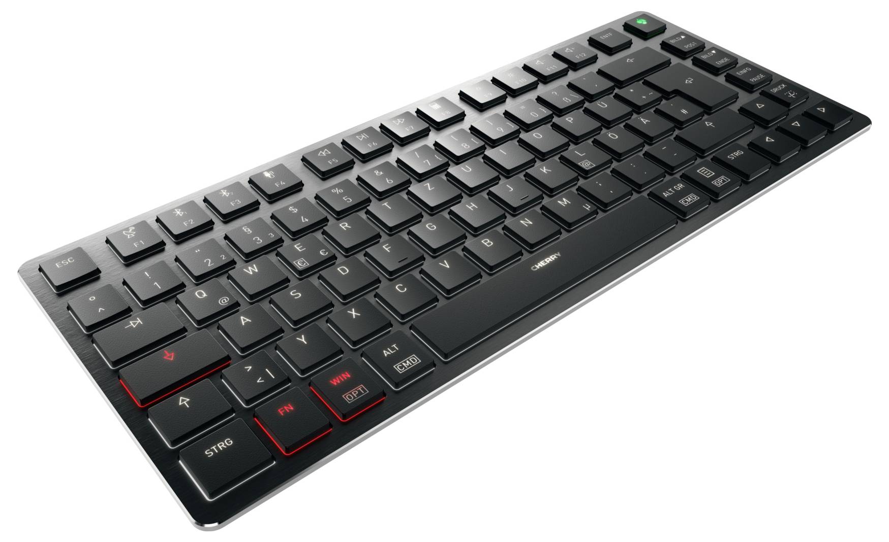 Eine schlanke schwarze kabellose Tastatur mit roten Akzenten auf den "WSAD"-Tasten, die ein Gaming-Design widerspiegelt, vor einem einfachen Hintergrund.
