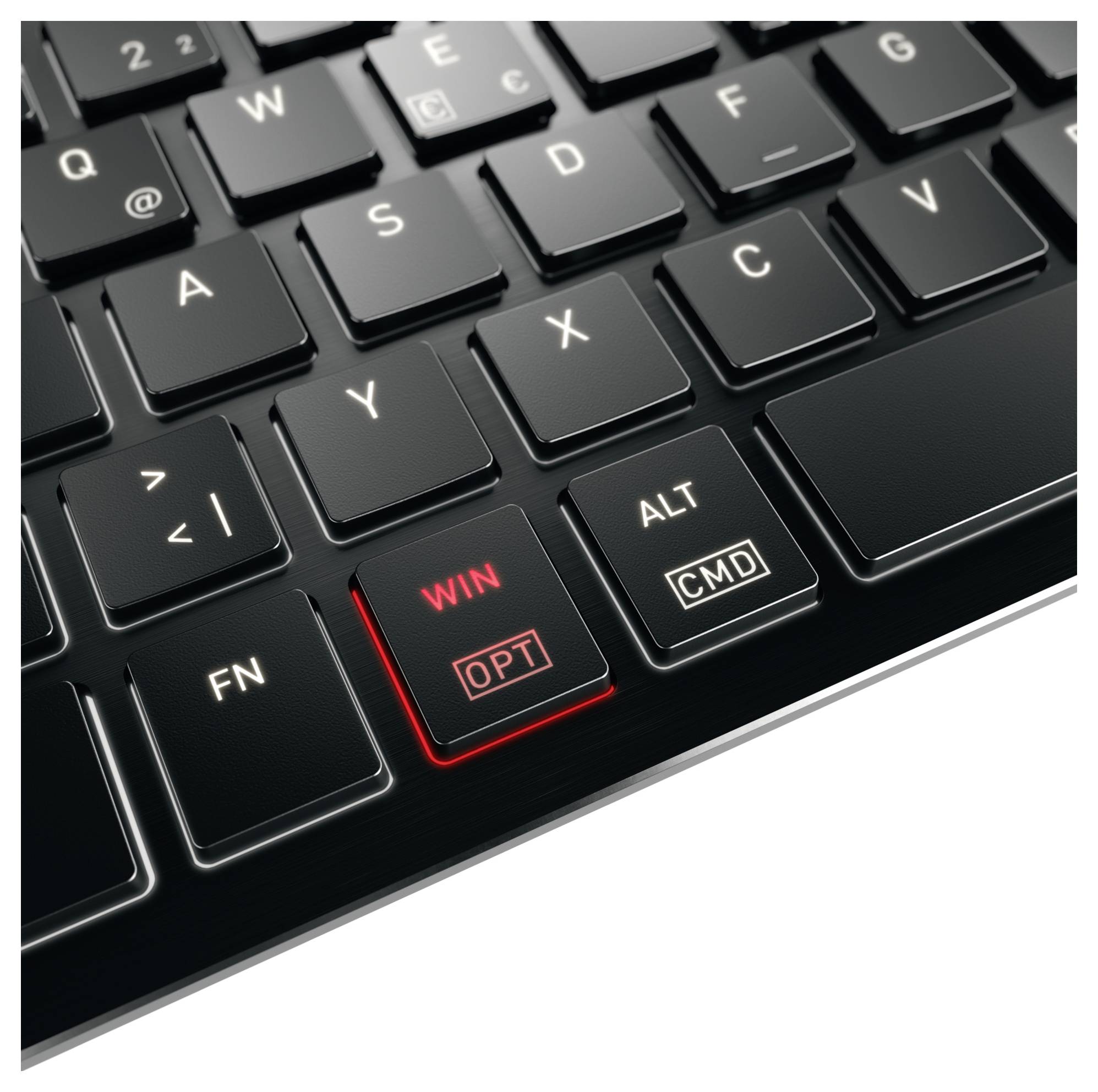 'Nahaufnahme der unteren linken Ecke einer Computertastatur, die die rot umrandeten Tasten „WIN" und „OPT" hervorhebt, neben den Tasten „FN", „ALT" und „CMD".'