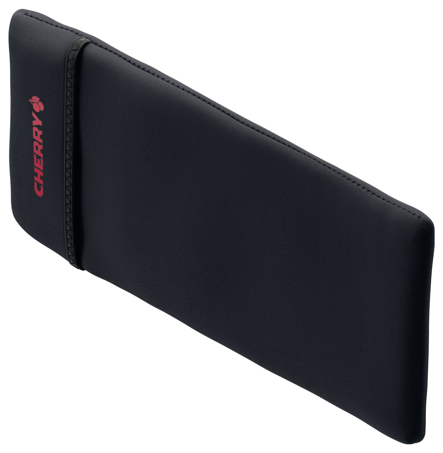 Eine schwarze ergonomische Handgelenkstütze mit dem Markennamen „CHERRY" in Rot auf der Seite. Entwickelt für komfortable Schreibunterstützung.