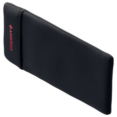 Eine schwarze ergonomische Handgelenkstütze mit dem Markennamen „CHERRY" in Rot auf der Seite. Entwickelt für komfortable Schreibunterstützung.