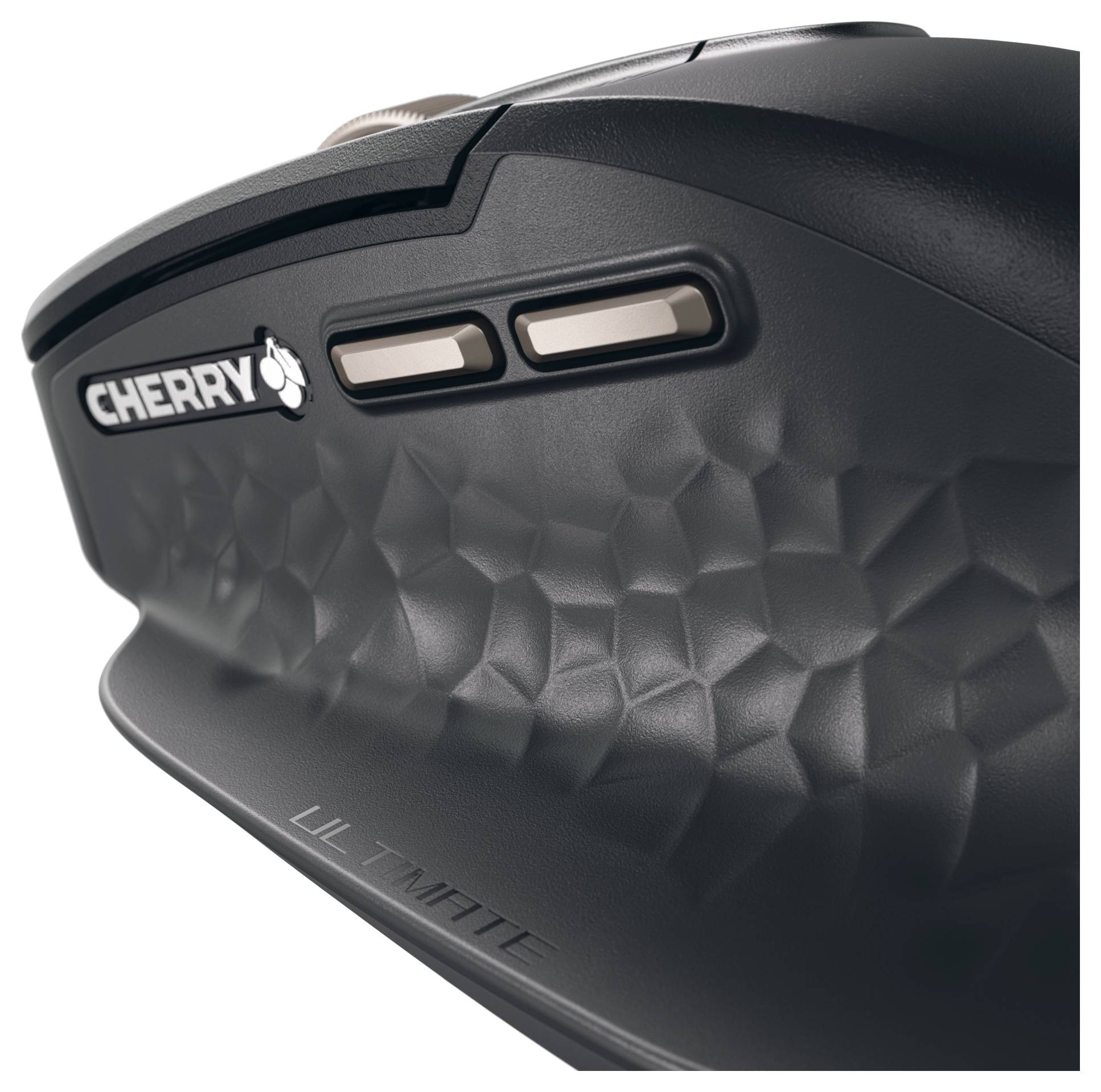 Nahaufnahme einer schwarzen Computermaus mit zwei Seitentasten, rutschfestem Griff und dem Logo „CHERRY".