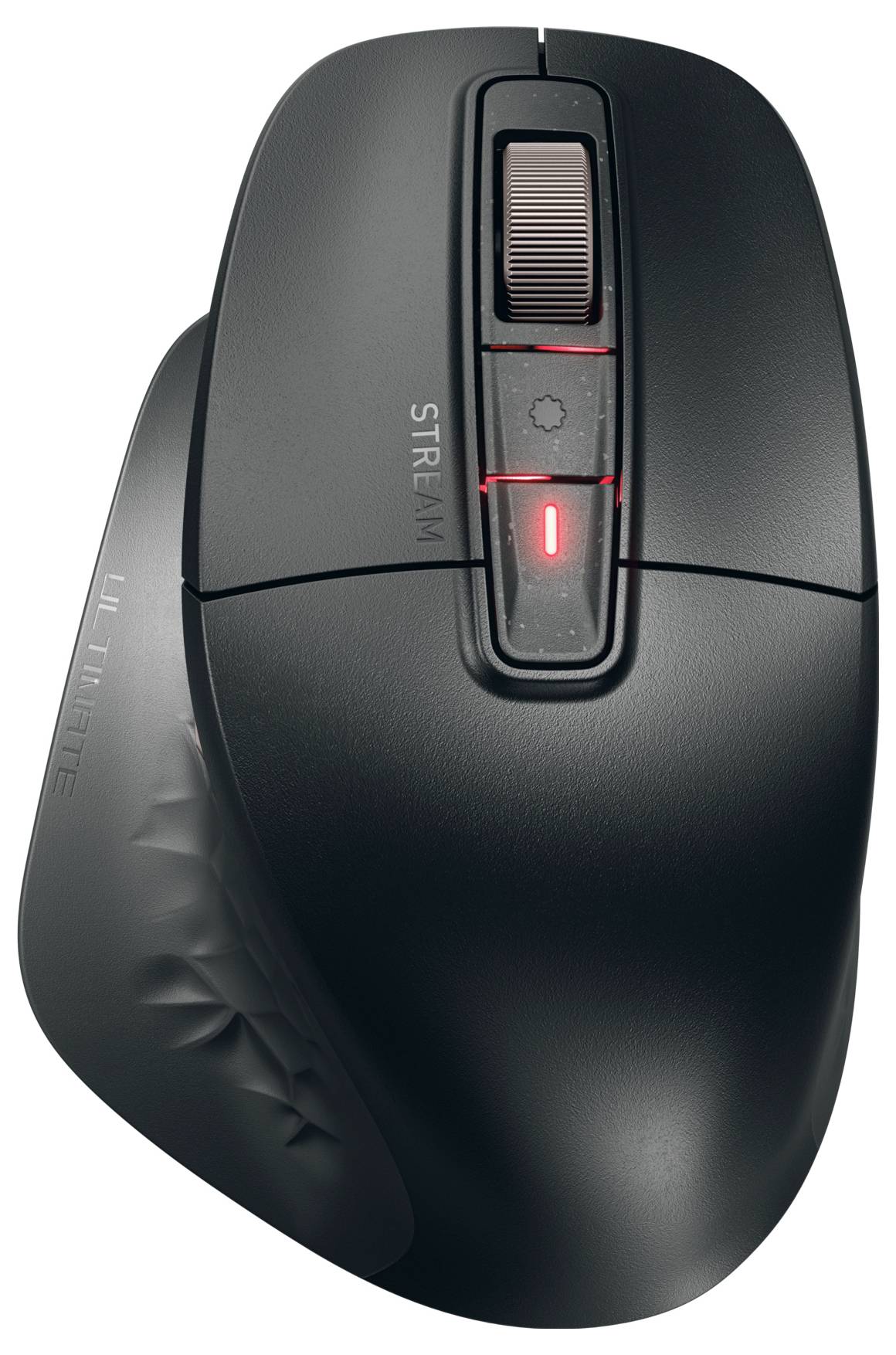 Eine schwarze ergonomische Computermaus mit Scrollrad, Seitentasten und LED-Anzeigen, entworfen für die Verwendung mit der rechten Hand.