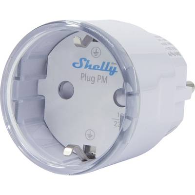 Ein weißer Shelly Plug PM Smart Plug mit Stiften, verwendet zur Überwachung des Stromverbrauchs und zur Fernsteuerung von Geräten.