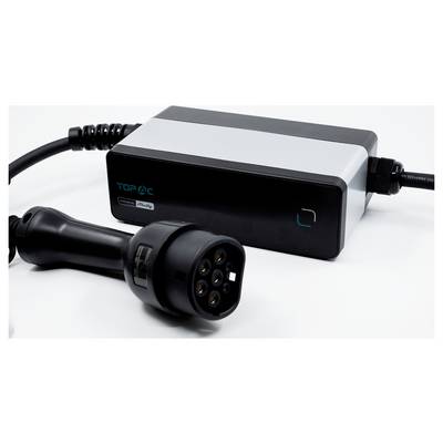 Ein Elektrofahrzeug-Ladegerät mit schwarzem und silbernem rechteckigem Gehäuse mit der Bezeichnung „TOP AC" und einem mehrpoligen Stecker.