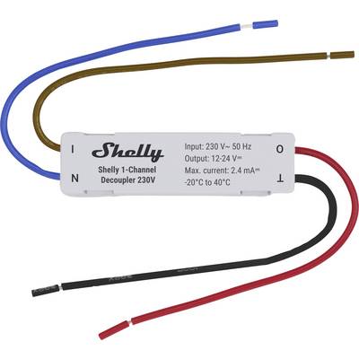 Ein „Shelly 1-Kanal-Entkoppler 230V" mit vier Drähten, gekennzeichnet als Ein- und Ausgang, zeigt einen Eingang von 230V-50Hz, einen Ausgang von 12-24V und einen maximalen Strom von 2,4mA.