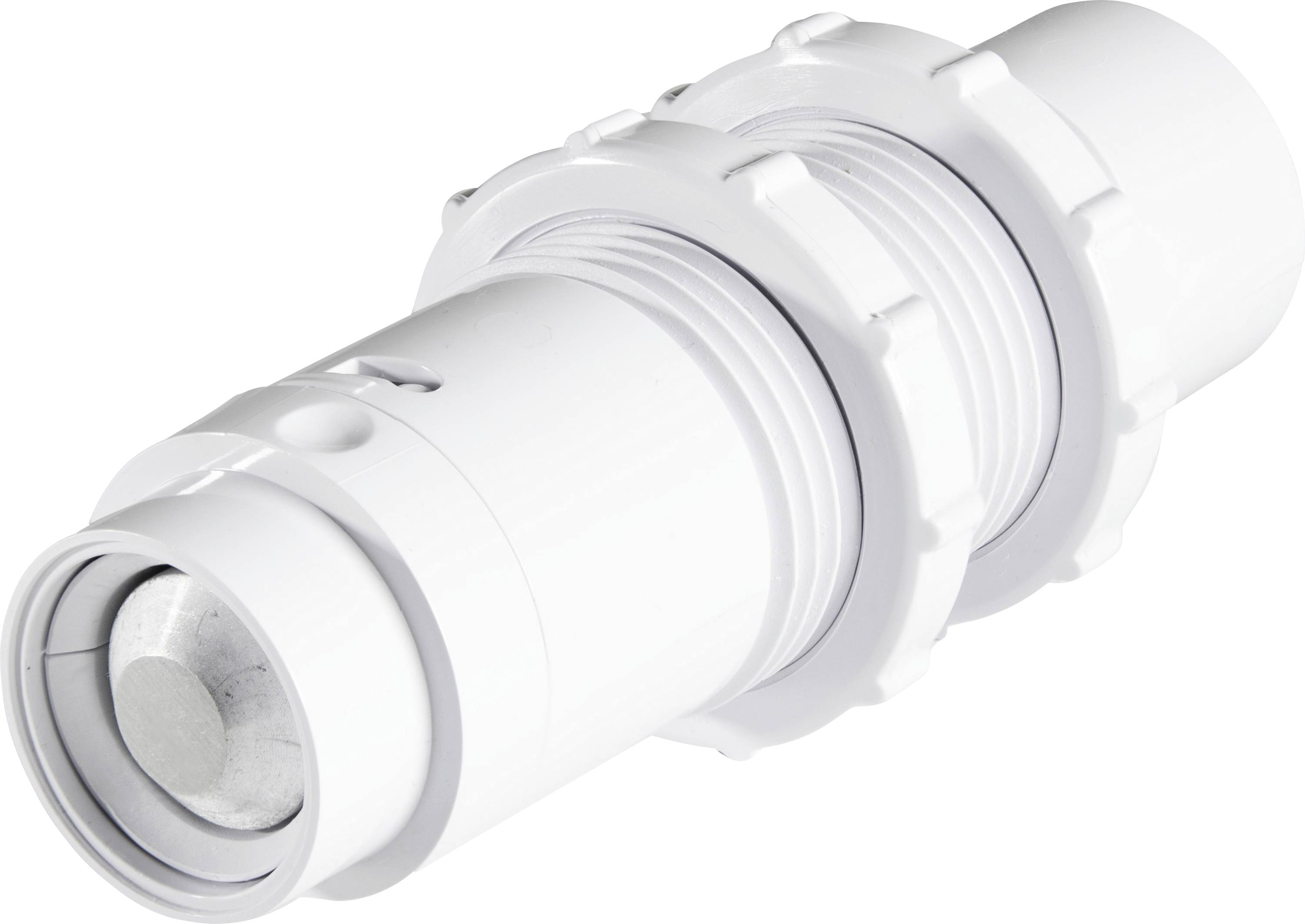 Eine weiße zylindrische Wasserleitungsarmatur mit Gewindeanschlüssen und glatter Oberfläche, die in Sanitärinstallationen verwendet wird.