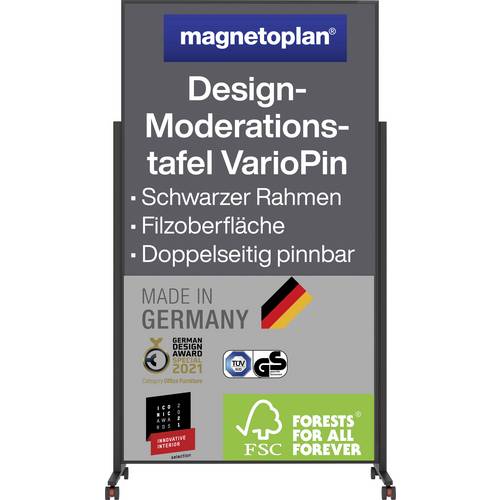 magnetoplan Moderationstafel VarioPin (B x H) 100 cm x 180 cm Filz Schwarz, Grau beidseitig verwendbar, Inkl. Rollen, ma...