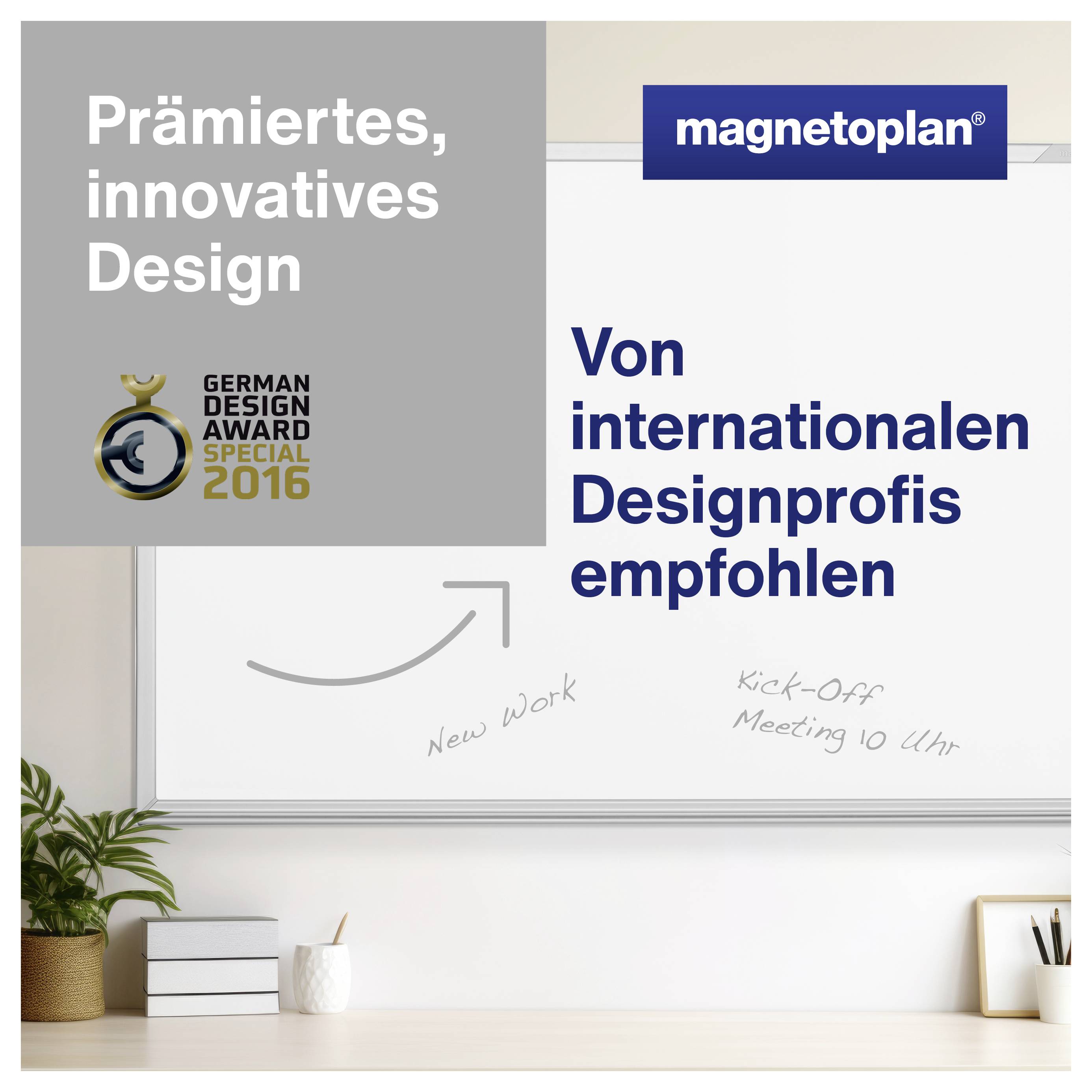 'Prämiertes, innovatives Design empfohlen von internationalen Designprofis.' Links: Pflanze und Bücher, Hintergrund: Tafel.<br><br>
